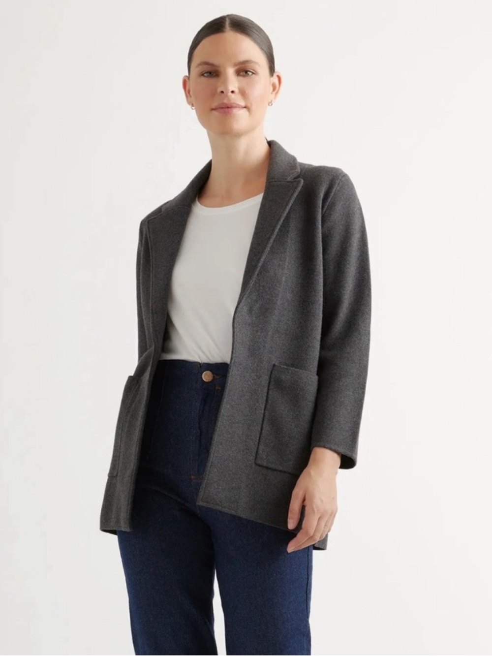 Quince Organic Cotton Knit Blazer Women’s Medium Gray Soft Casual Workwear- EUC